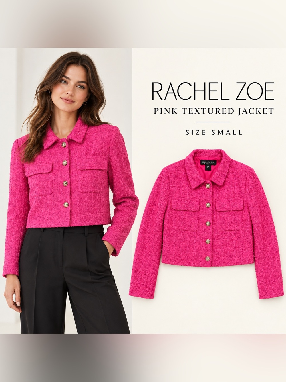 Rachel Zoe Hot Pink Textured Tweed Jacket Size Small